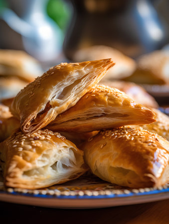 Puff pastry with sesame seeds on a plate. Selective focus.の素材