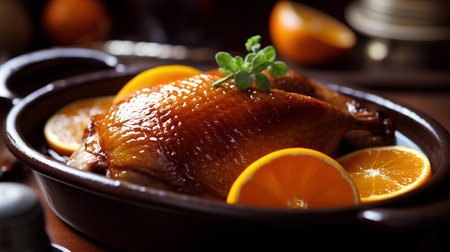 roast chicken with oranges on a wooden table. tinting. selective focusの素材