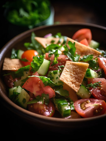 Vegetable salad with tomatoes, cucumber, parsley and toasted breadの素材