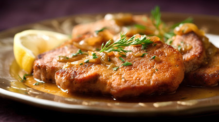 Pork chop with onion, lemon and parsley on a plateの素材