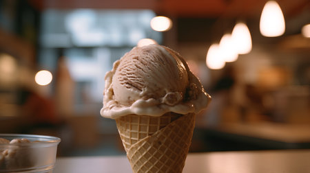 Ice cream in waffle cone on table in cafe, closeupの素材