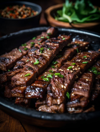 Grilled beef steak in a cast-iron frying pan on a wooden tableの素材