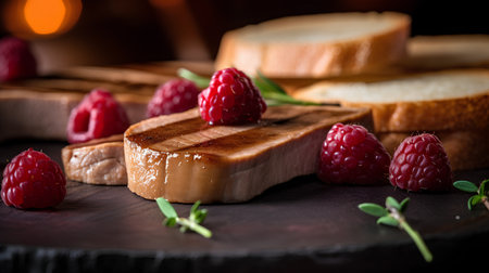 Tasty toast with raspberries on a dark wooden background.の素材