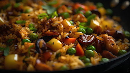 Fried rice with vegetables and mushrooms in a plate on a black backgroundの素材