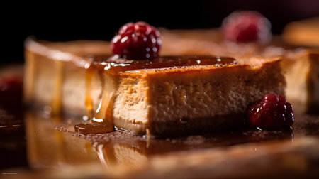 cheesecake with raspberries and honey on a dark backgroundの素材