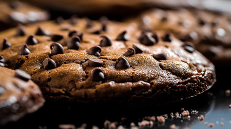 Chocolate chip cookies on a black background. Selective focus. Toned.の素材