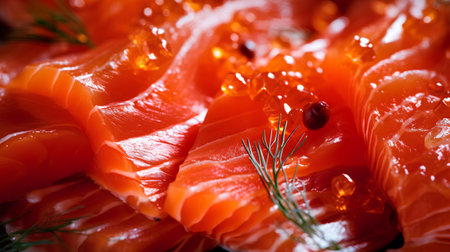 Slices of salmon with red caviar and dill closeupの素材