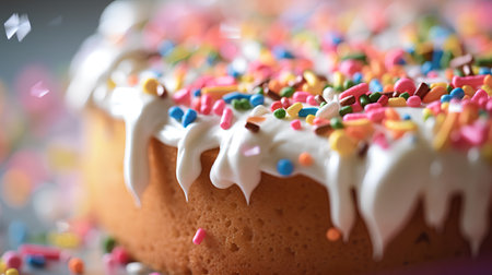 Cake with icing and sprinkles on a light background, close-upの素材