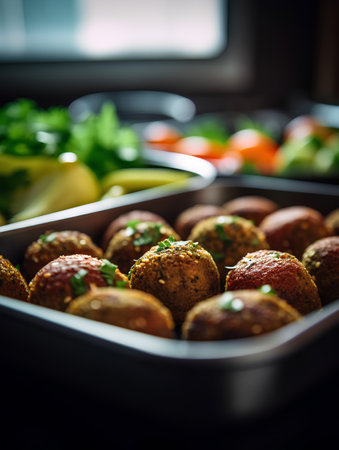 Meatballs with parsley and salad in a baking dish. Selective focus.の素材
