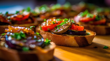 Delicious bruschetta with eggplant, tomato and herbsの素材