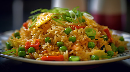 Fried rice with vegetables on a plate. Selective focus.の素材