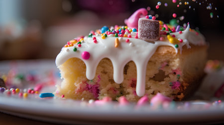 Birthday cake with sprinkles on a wooden background. Selective focus.の素材