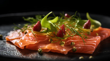 Salmon carpaccio with dill and rosemary on black plateの素材