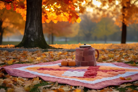 Autumn still life with teapot and pumpkins in the parkの素材