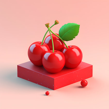 Cherries on a red pedestal. 3D rendering.の素材