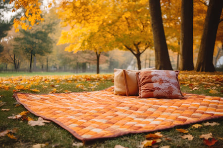 Autumn picnic in the park with a blanket and pillows.の素材