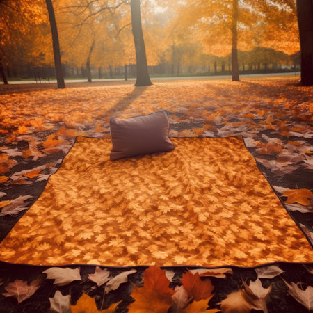 Autumn park with a carpet and a pillow in the foreground.の素材