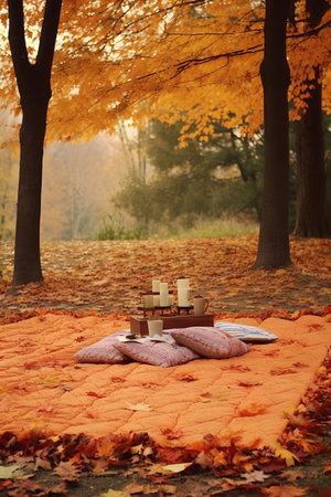 Autumn picnic in the park, plaids, candles and yellow leavesの素材