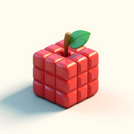 Red toy apple with green leaf on white background. 3D illustrationの素材