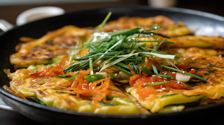 Omelet with zucchini, onion and chives in frying panの素材