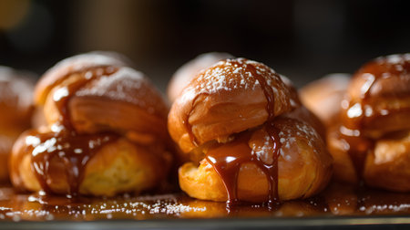 Close-up of fresh baked croissants with chocolate and caramel.の素材