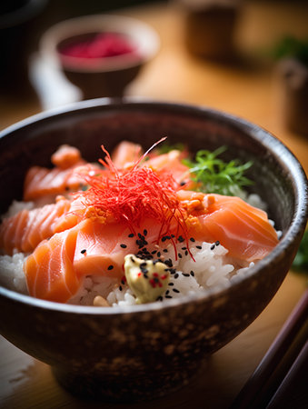 Salmon nigiri with rice in a bowl on a wooden tableの素材