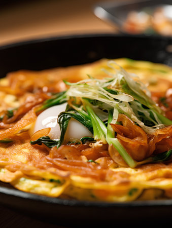 Omelette with salted salmon and kimchi on black plateの素材