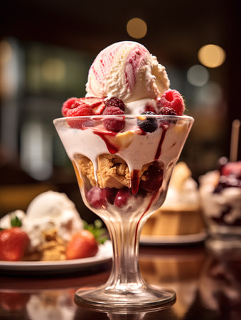 Ice cream with berries in a glass on a wooden table in a cafeの素材