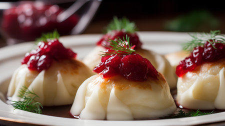 Cottage cheese dumplings with cranberry sauce, selective focus.の素材