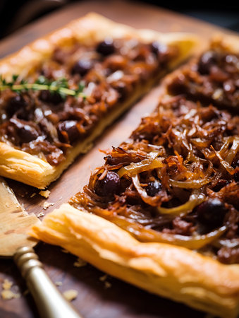 Homemade tart with black olives and onions. Selective focus.の素材