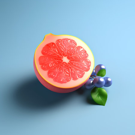 Grapefruit and blueberries on blue background. 3d illustrationの素材