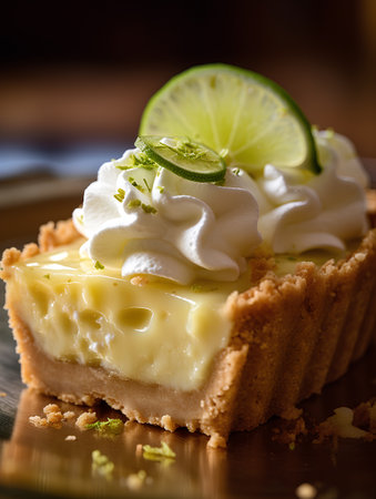 Lemon tart with whipped cream and lime on a wooden table.の素材