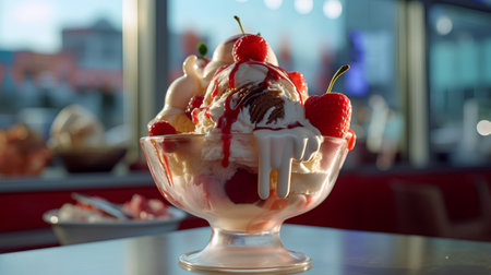 Ice cream sundae in a glass bowl with strawberries, cherries and whipped creamの素材