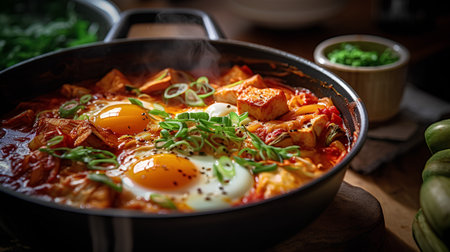 Korean food, Kimchi and egg in a pan on wooden tableの素材