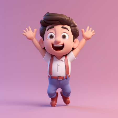 3D Illustration of a Cute Little Boy with Hands Upの素材