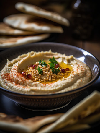 Bowl of hummus with pita bread on wooden background.の素材