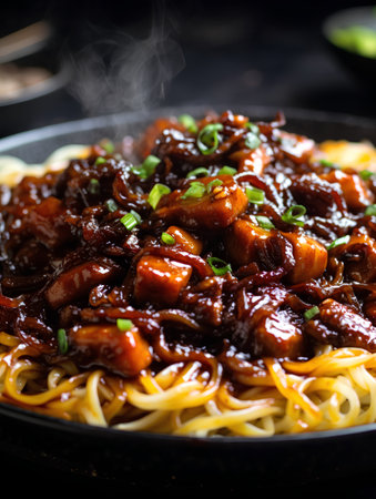 Chinese noodles with pork and oyster sauce on a black plate.の素材
