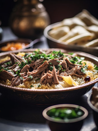 Rice pilaf with beef and vegetables in a rustic bowlの素材