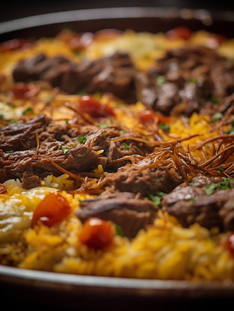 Traditional turkish pilaf with meat, rice, vegetables and spicesの素材