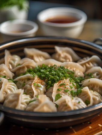 Chinese steamed dumplings served with soy sauce and parsleyの素材