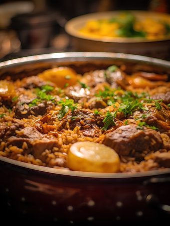 Traditional turkish pilaf with meat, rice and vegetables in a potの素材