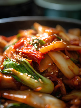 Korean spicy stir-fried vegetables with kimchi, selective focusの素材