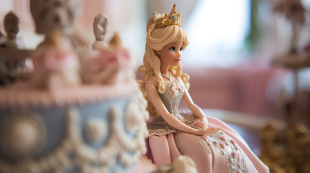Vintage little girl doll in princess dress sitting on the cake.の素材