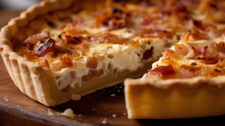 Close-up of a slice of bacon tart on a wooden boardの素材