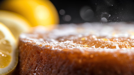 lemon cake with sugar powder and lemons on a black backgroundの素材