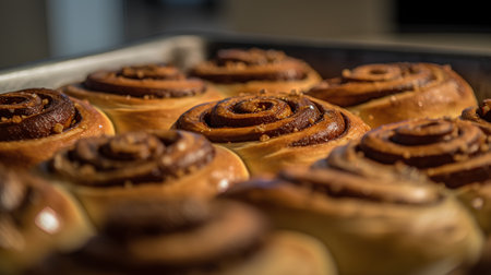 Freshly baked cinnamon rolls in a baking tray. Selective focus.の素材