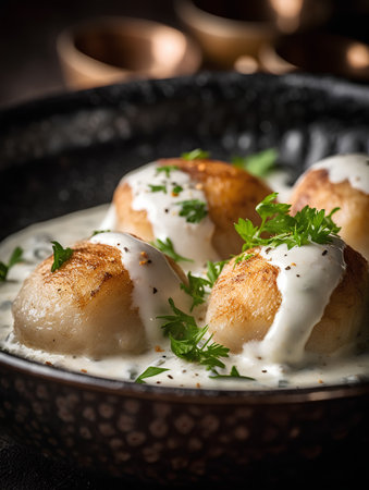 Baked scallops with sour cream and parsley in a frying panの素材
