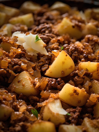 Buckwheat porridge with minced meat, potatoes and herbs. Toned.の素材