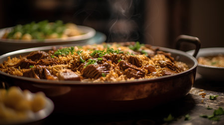 Tasty oriental pilaf with meat and vegetables on the table.の素材