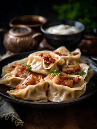 Fried dumplings khinkali with bacon and sour creamの素材
